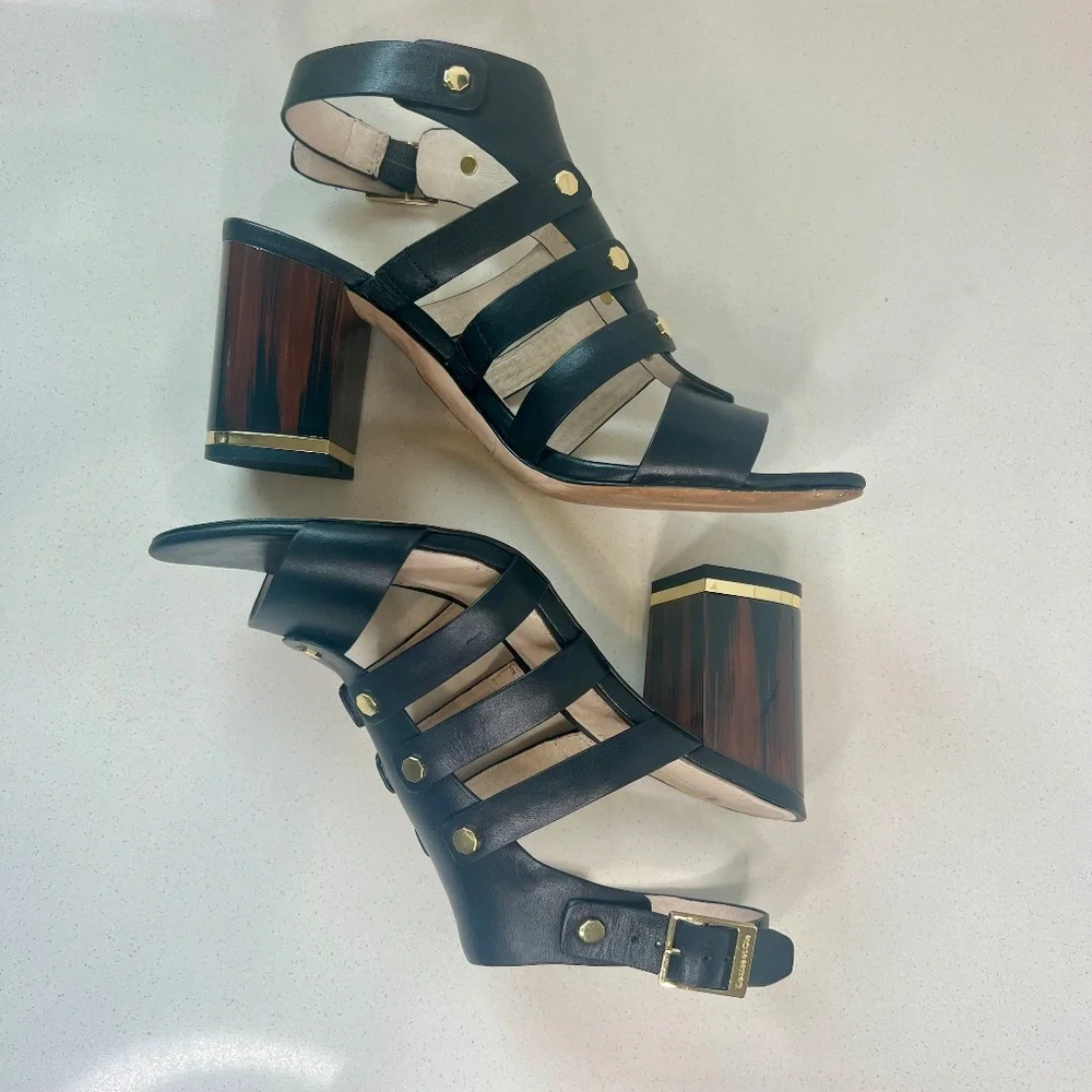 Louise et Cie Lo-Vira black leather sandals, tortoise color block heel - Picture 9 of 15